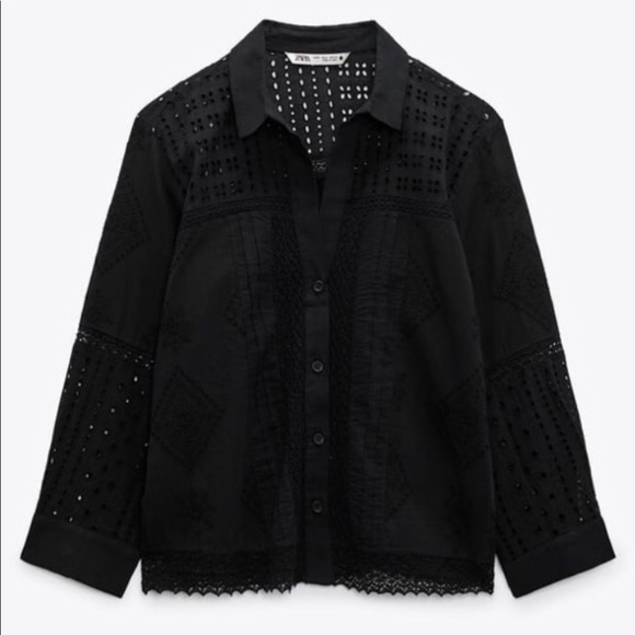 NEW Zara Black Openwork Embroidered Eyelet Blouse Shirt XS - Picture 2 of 7
